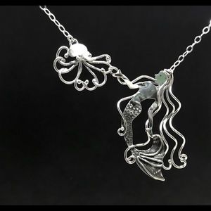 Octopus and mermaid necklace in sterling silver.